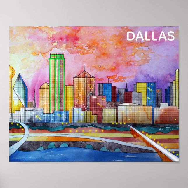 Dallas Texas Watercolor City Skyline Poster (Front)