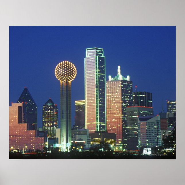 'Dallas, TX skyline at night with Reunion Tower' Poster (Front)
