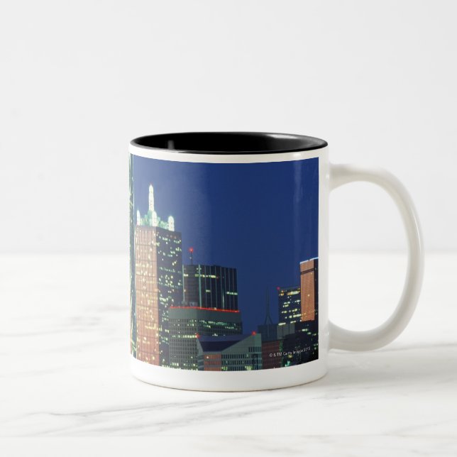 'Dallas, TX skyline at night with Reunion Tower' Two-Tone Coffee Mug (Right)