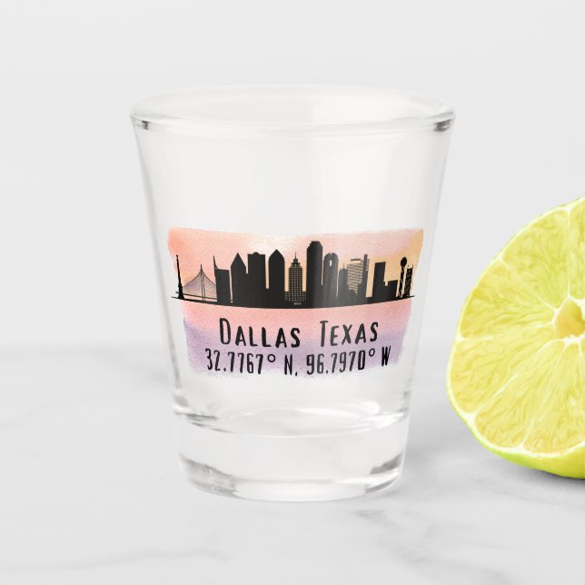 Dallas TX Skyline Latitude and Longitude  Shot Glass (Front)