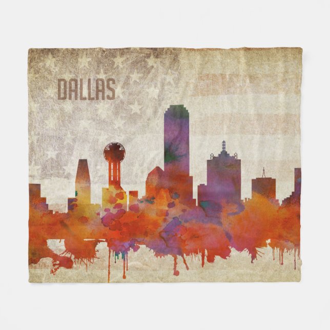 Dallas, TX | Watercolor City Skyline Fleece Blanket (Front (Horizontal))