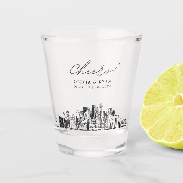 Dallas Wedding Favour Personalized Cheers Shot Glass (Front)