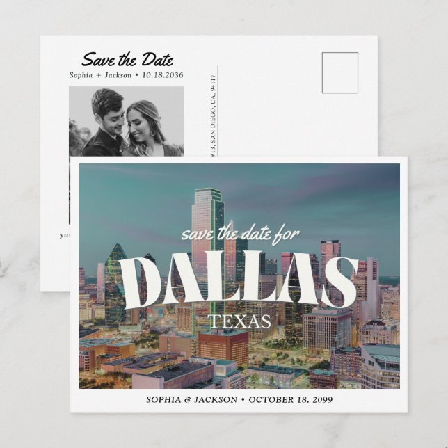 Dallas Wedding Save the Date Retro Skyline Postcard (Front/Back)