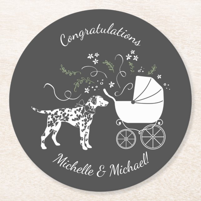 Dalmatian Baby Shower Dog Silhouette Round Paper Coaster (Front)