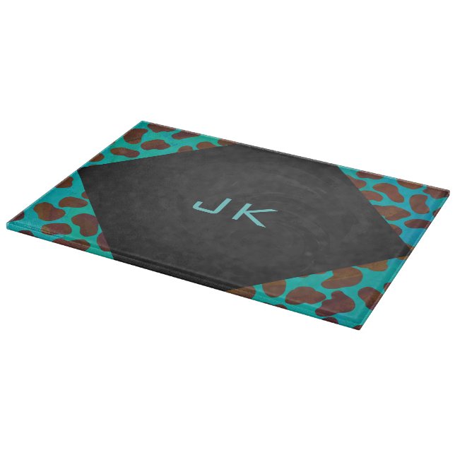 Dalmatian Brown and Teal with Monogram Cutting Board (Corner)