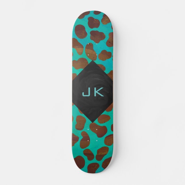 Dalmatian Brown and Teal with Monogram Skateboard (Front)