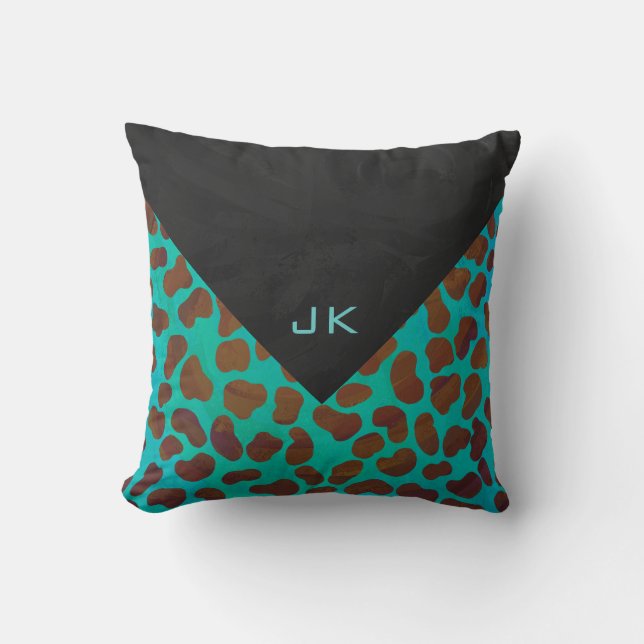 Dalmatian Brown and Teal with Monogram Throw Pillow (Front)