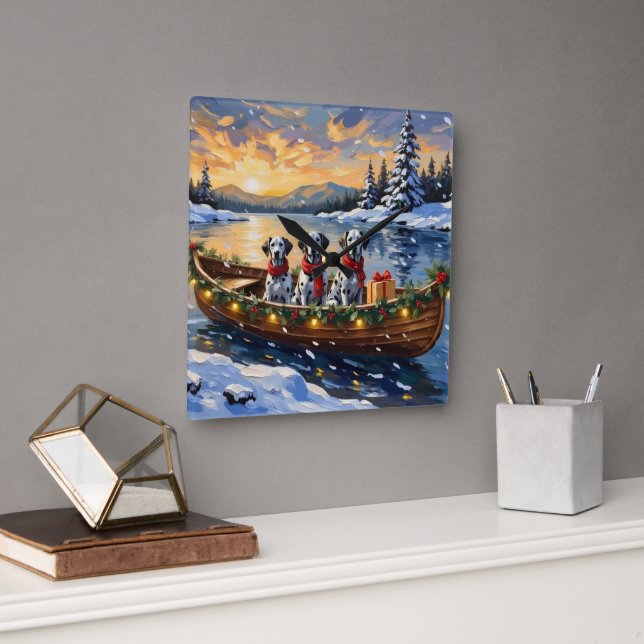 Dalmatian Christmas Boat Holiday Square Wall Clock (Office)