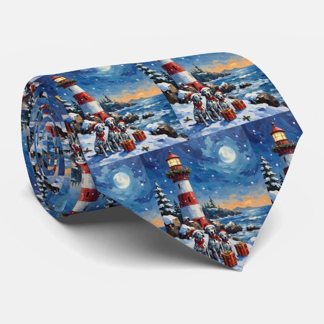 Dalmatian Christmas Lighthouse Holiday Tie (Rolled)