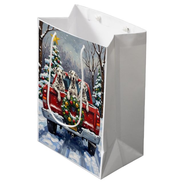 Dalmatian Christmas Red Truck Holiday Medium Gift Bag (Front Angled)