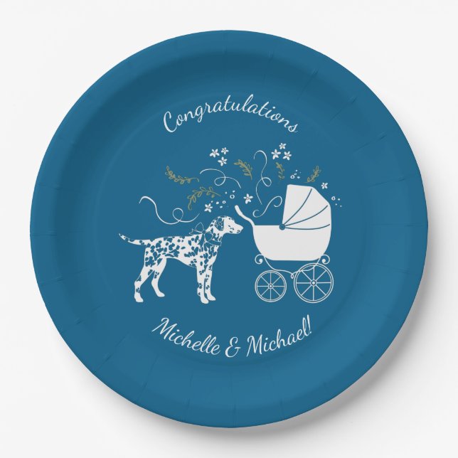 Dalmatian Dog Baby Shower Puppy Blue Boy Paper Plate (Front)