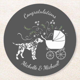 Dalmatian Dog Baby Shower Puppy Grey Round Paper Coaster