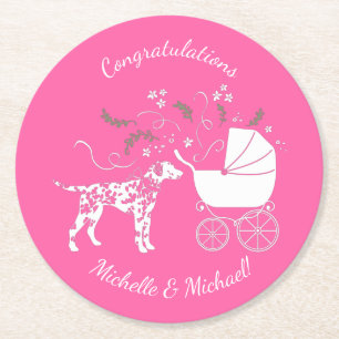 Dalmatian Dog Baby Shower Puppy Pink Girl Round Paper Coaster