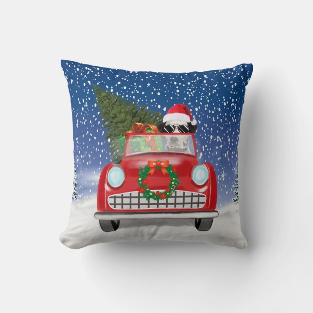 Dalmatian Dog Driving Car In Snow Christmas  Throw Pillow (Front)