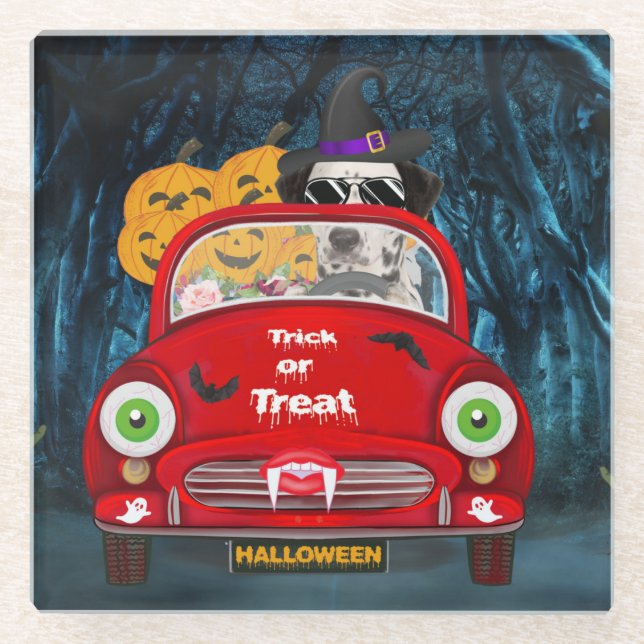 Dalmatian Dog Driving Car Scary Halloween Glass Coaster (Front)