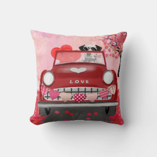 Dalmatian Dog Driving Car with Hearts Valentine's Throw Pillow
