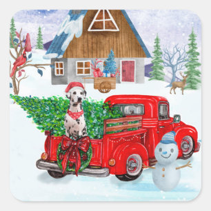 Dalmatian Dog In Christmas Delivery Truck Snow Square Sticker