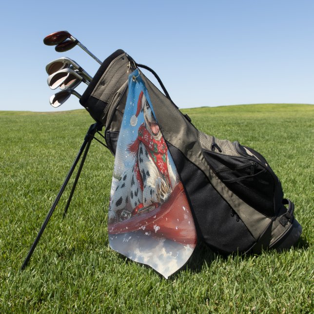 Dalmatian Dog in Sledge Let it Snow Christmas Golf Towel (Green)