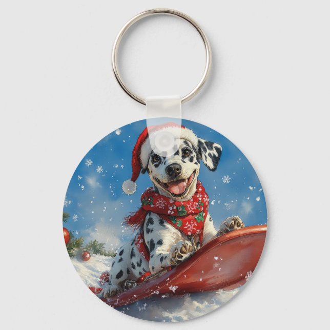 Dalmatian Dog in Sledge Let it Snow Christmas Keychain (Front)
