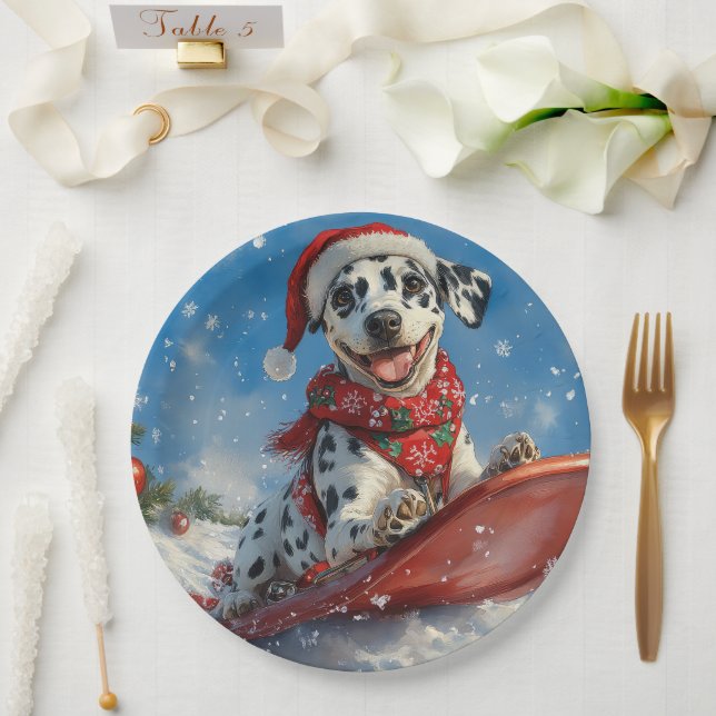 Dalmatian Dog in Sledge Let it Snow Christmas Paper Plate (Wedding)