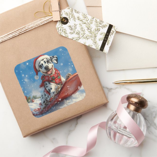 Dalmatian Dog in Sledge Let it Snow Christmas Square Sticker (Gifting)