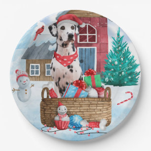 Dalmatian Dog In snow Christmas Dog House Paper Plate