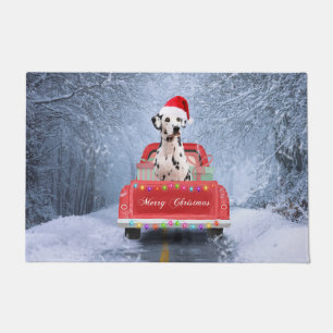 Dalmatian Dog in Snow sitting in Christmas Truck Doormat