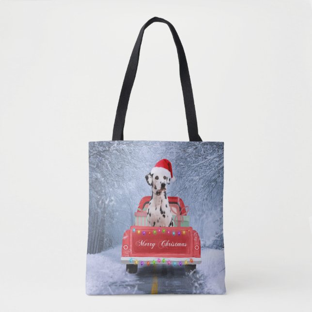 Dalmatian Dog in Snow sitting in Christmas Truck Tote Bag (Front)
