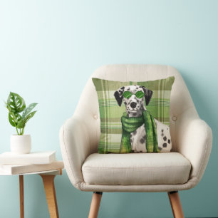 Dalmatian Dog in Sunglasses and Green Plaid  Throw Pillow