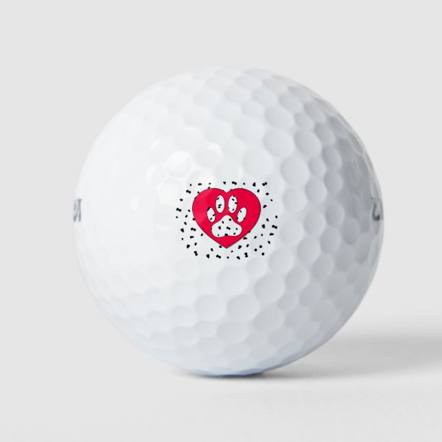Dalmatian Dog Paw Print In Red Heart Golf Balls (Front)
