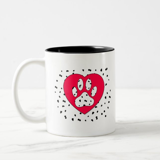 Dalmatian Dog Paw Print In Red Heart Two-Tone Coffee Mug (Left)