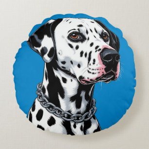 Dalmatian Dog Portrait Against Blue Background Round Pillow