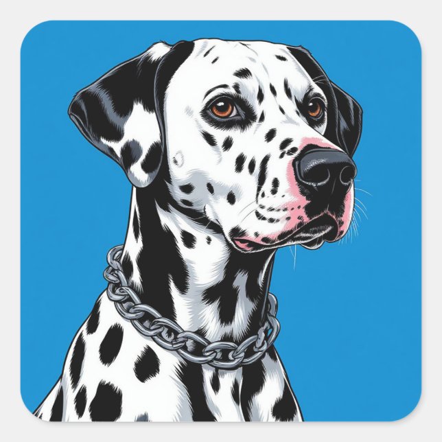 Dalmatian Dog Portrait Against Blue Background Square Sticker (Front)