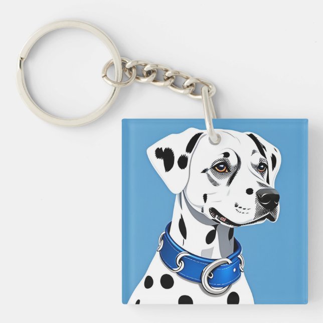 Dalmatian Dog Portrait With Blue Collar Keychain (Front)