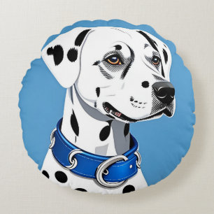 Dalmatian Dog Portrait With Blue Collar Round Pillow