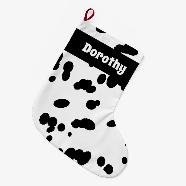 Dalmatian Dog Print Black and White Fur Pattern Large Christmas Stocking (Front (Hanging))