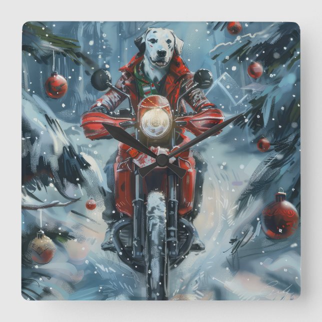 Dalmatian Dog Riding Motorcycle Christmas Square Wall Clock (Front)