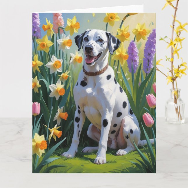 Dalmatian Dog Spring Flowers Painting Card (Yellow Flower)