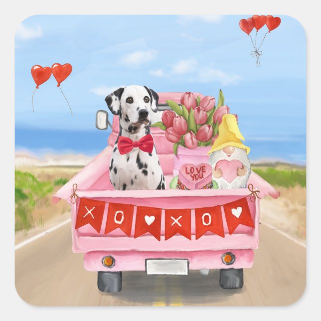 Dalmatian Dog Valentine's Day Truck Hearts Square Sticker (Front)
