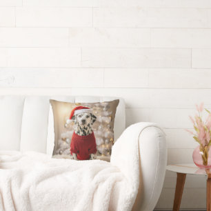 Dalmatian Dog Wearing a Red Christmas Sweater Throw Pillow