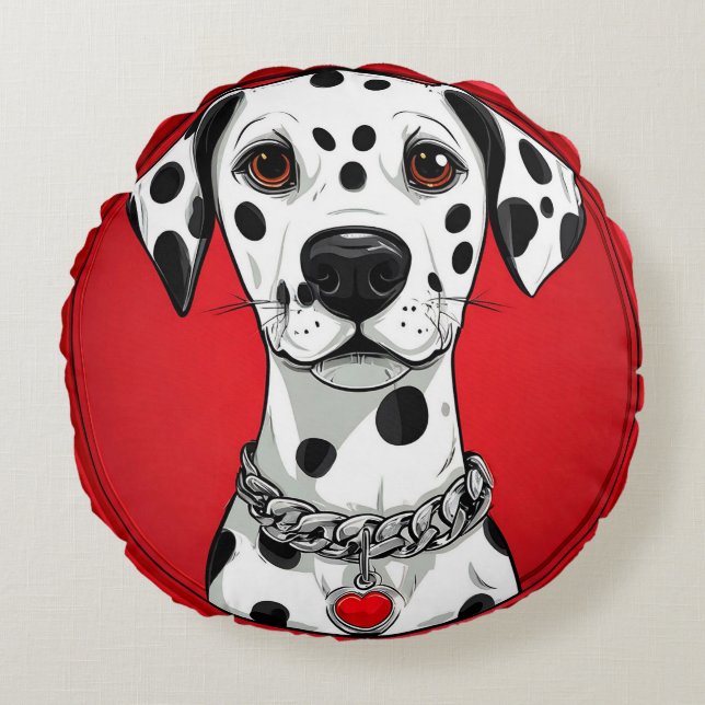 Dalmatian Dog with Red Heart Collar Round Pillow (Front)