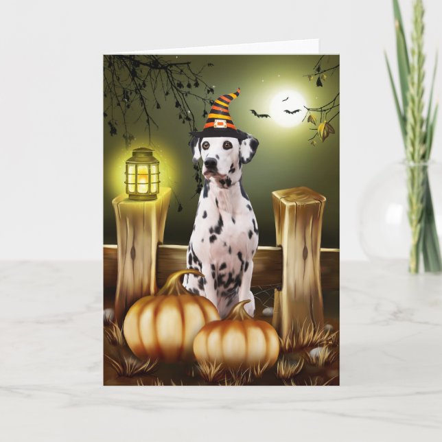 Dalmatian Dog with Witch Hat Halloween Gift Idea Card (Front)