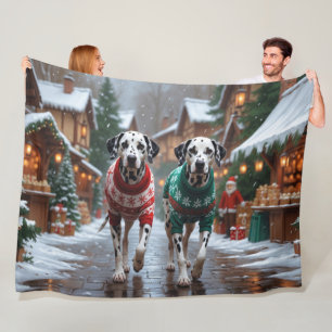 Dalmatian Dogs Christmas Snow Holiday Fleece Blanket