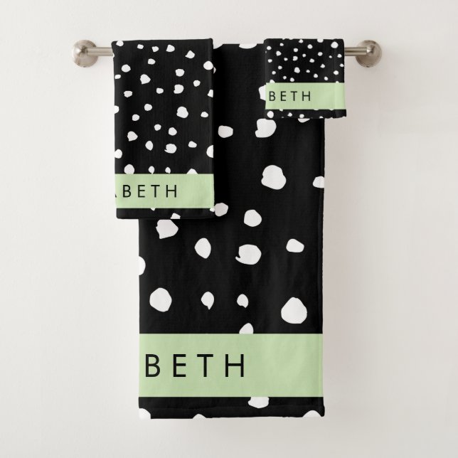 Dalmatian Dots, Spots, Black and White, Your Name Bath Towel Set (Insitu)