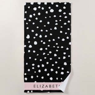 Dalmatian Dots, Spots, Black and White, Your Name Beach Towel