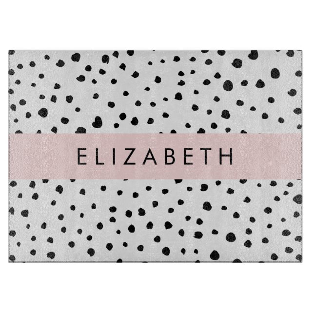 Dalmatian Dots, Spots, Black and White, Your Name Cutting Board (Front)