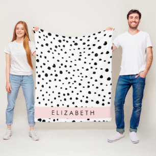 Dalmatian Dots, Spots, Black and White, Your Name Fleece Blanket