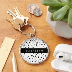 Dalmatian Dots, Spots, Black and White, Your Name Keychain