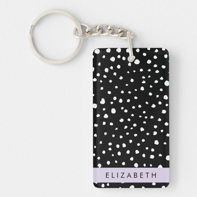 Dalmatian Dots, Spots, Black and White, Your Name Keychain (Front)