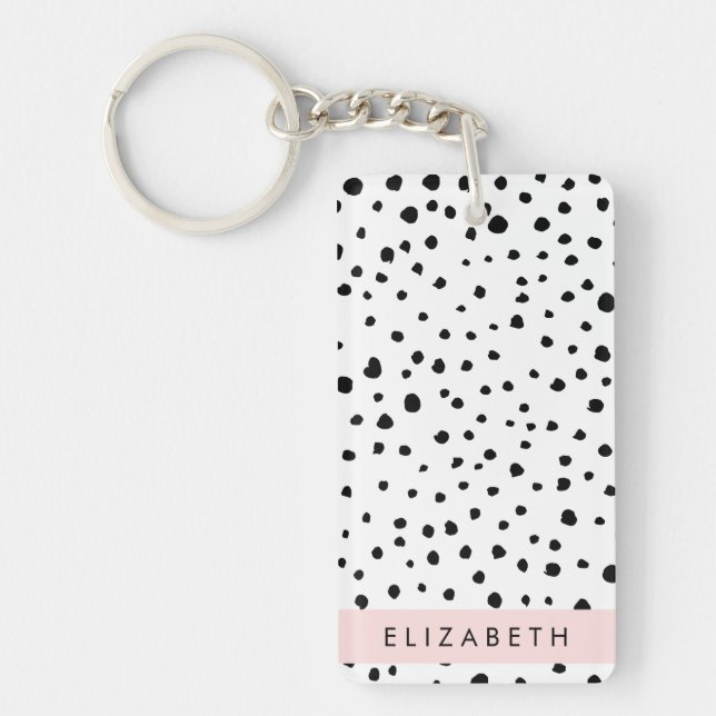 Dalmatian Dots, Spots, Black and White, Your Name Keychain (Front)